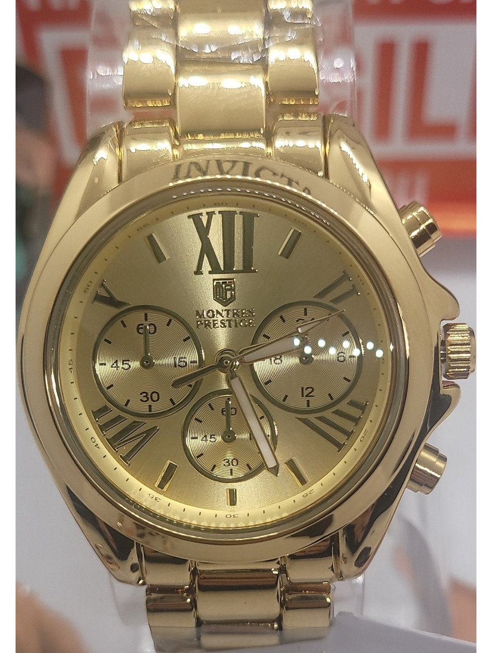 387 Montres Prestige Gold-Tone Quartz Chronograph Gold Bracelet Watch w/ Box
